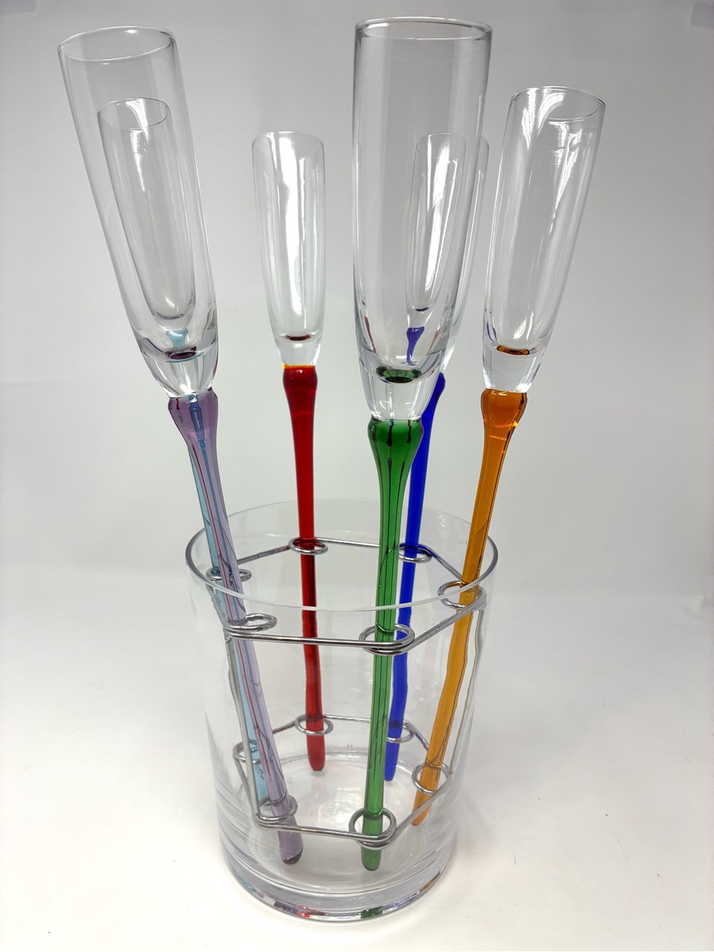 Vintage Lot of 6 Artland Hand Blown Champagne Flutes & Rack & Vase Ice Bucket
